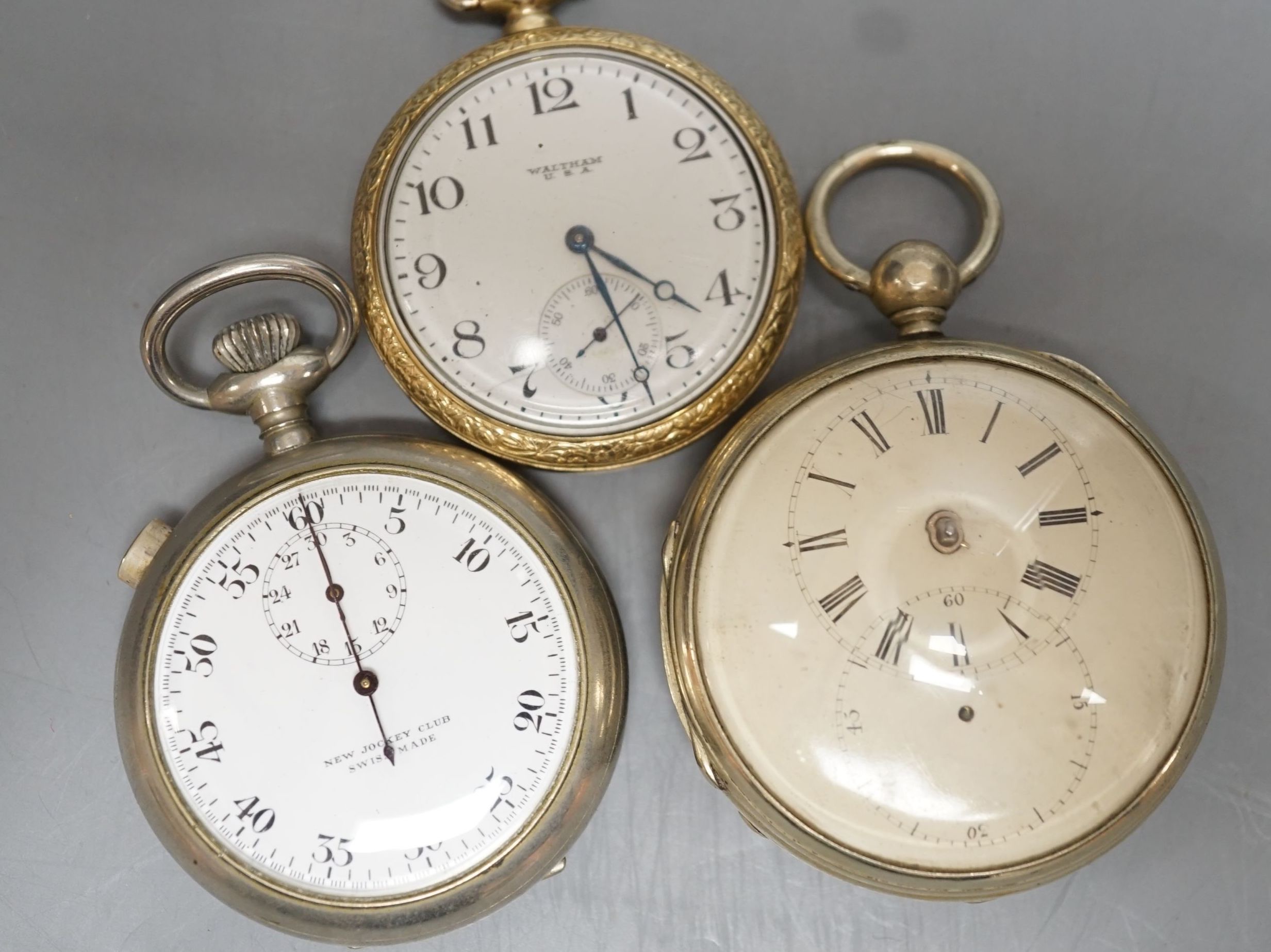 Three base metal pocket watches including 19th century pair case by Robert Weir, Dunbar(lacking hands).